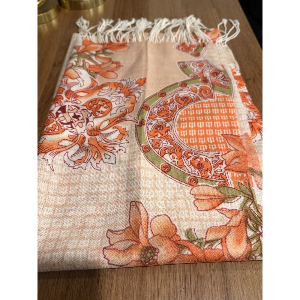 Vintage Pashmina Floral Medallion Scarf Orange Peach Sage Green Fringe Shawl - Picture 5 of 5